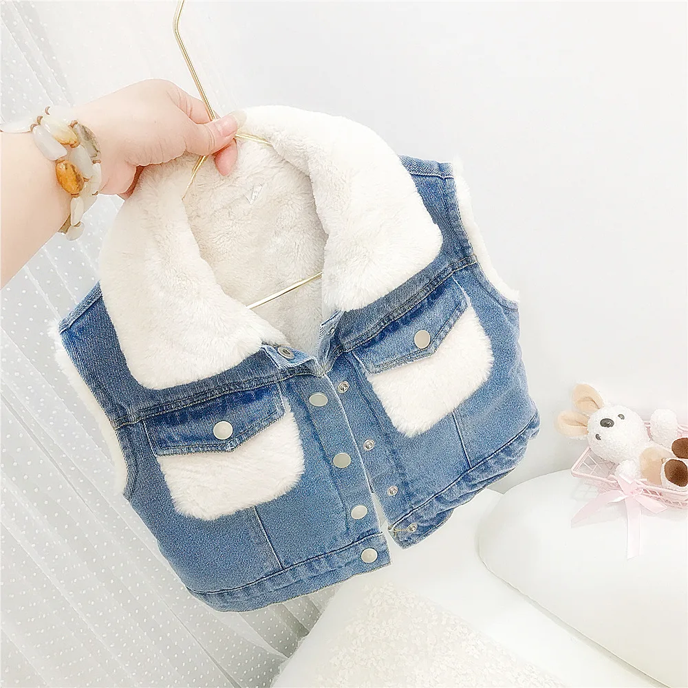 toddler girls rabbit fur jeans jackets 2021 children's vests baby girls
