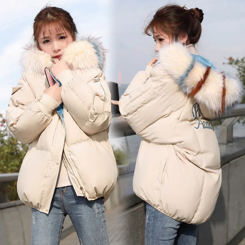 

Short Loose-Fit Versatile Comfortable Long Sleeve 2018 Winter New Style Solid Color Hooded Cotton-padded Clothes with Faux Large