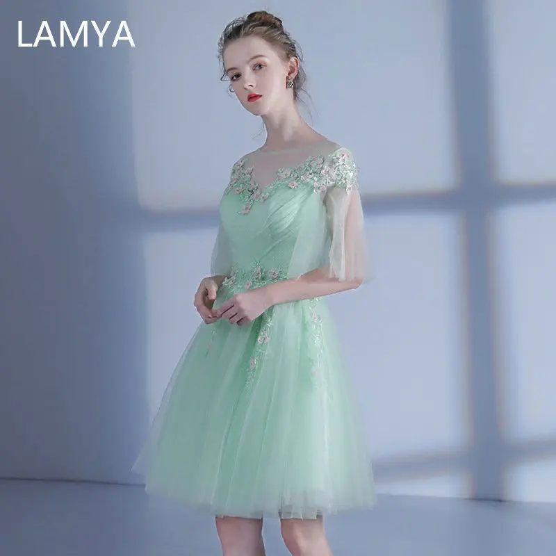 

LAMYA Fashionable Green Evening Party Dresses With Short Sleeve Lace Appliques With Beads Prom Gown Customized Vestido De Festa