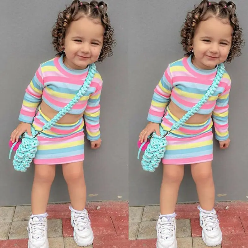 Toddler Kids Baby Girl Clothes Sets Color Rainbow T-shirt Tops+Skirt Outfit 1-6Y Kids Autumn 2PCS C