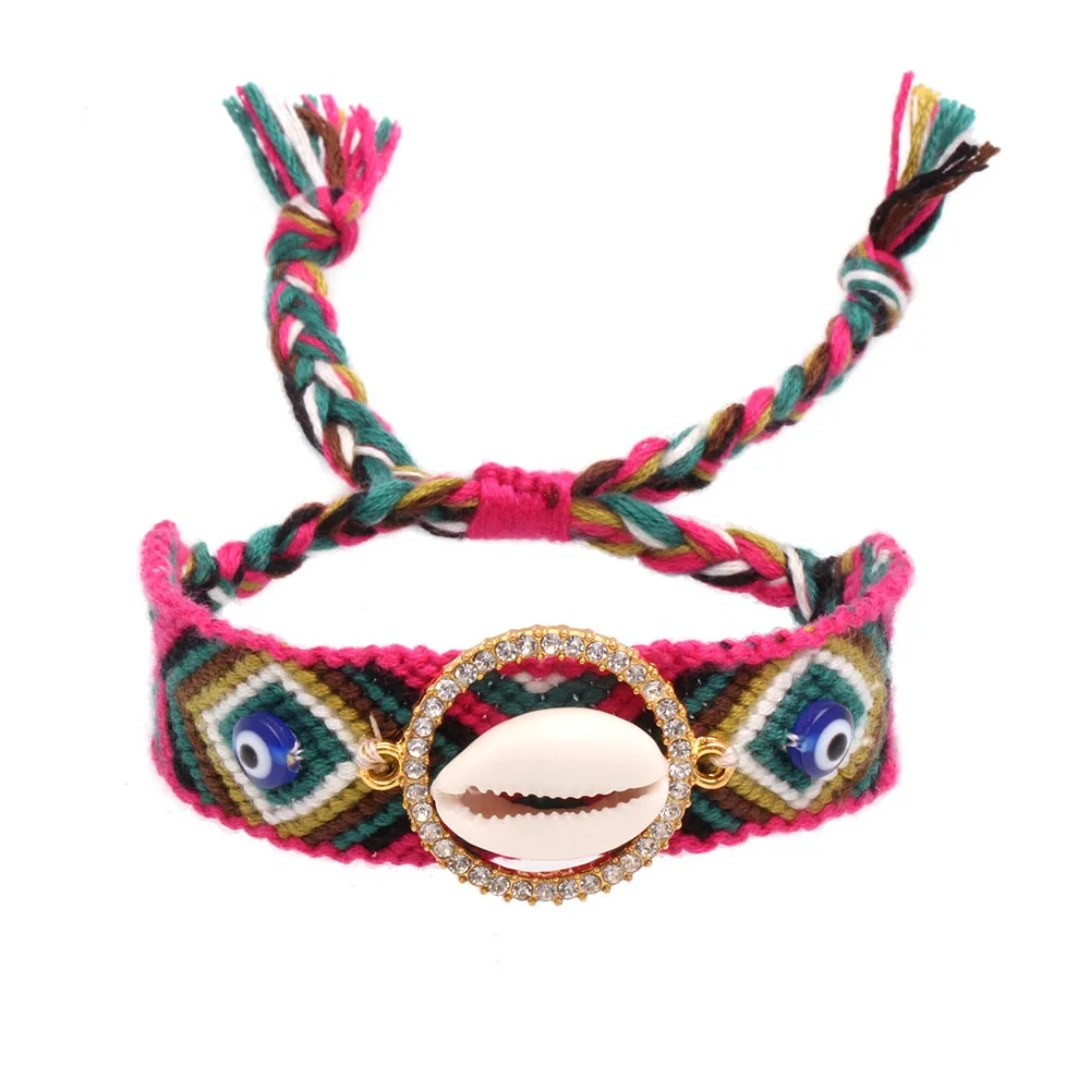 Boho Каури Seashell Круглый Круг сверкающий кристалл Регулируемый тканый браслет дружбы синий сглаза летние богемные ювелирные изделия