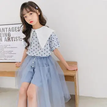 

Summer Cute Girls Two Piece Set Teen Girls Polka Dot Casual Shirt and Mesh Skirt Set Kids Girls College Style Clothes Set
