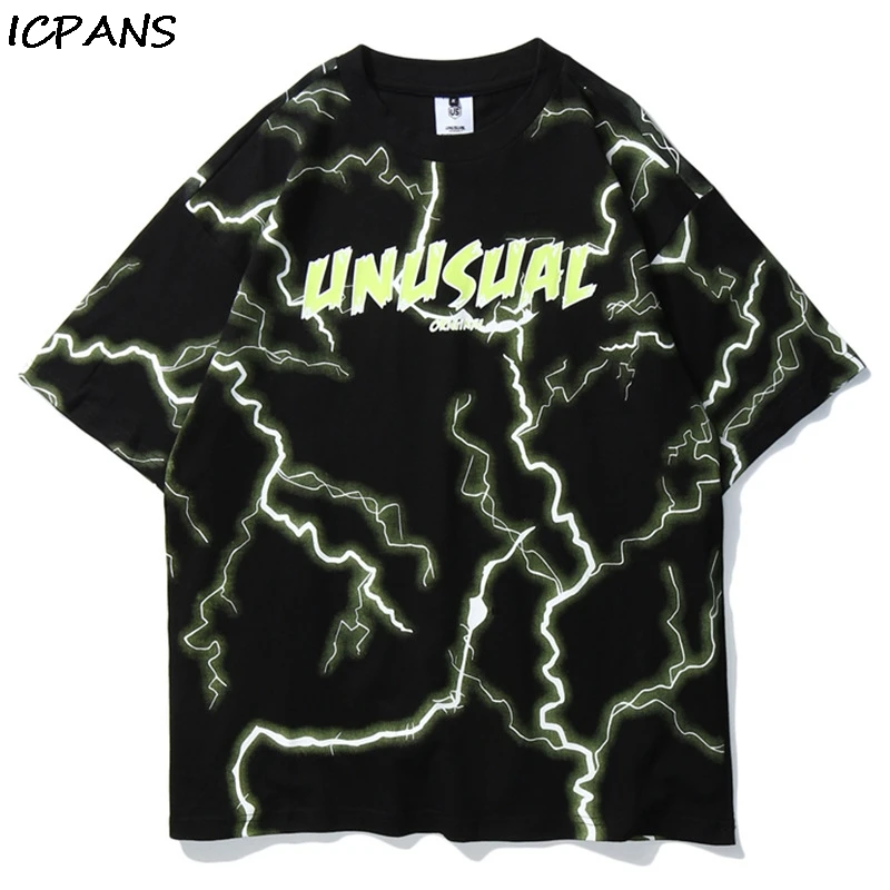 

ICPANS Short Sleeved T-shirt Men's Dark Line Lightning print Hip Hop Streetwear Hipster Punk Rock Tees Shirts Harajuku Men Tops