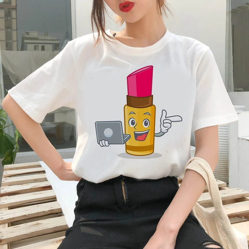Women's T-shirt Lipstick cartoon im Print T-shirt Clothes White TShirt Harajuku Graphic T-shirt Fashion Landscape T-shirt Female