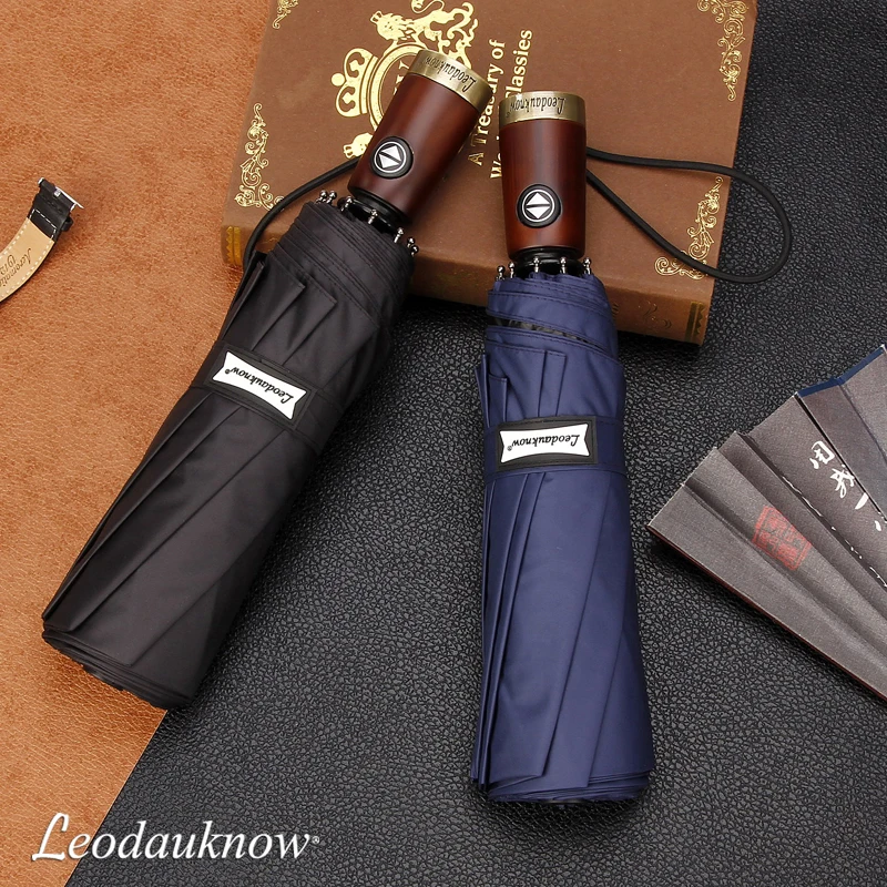 Windproof Business Umbrella Leodauknow Fully Automatic Three Folding Solid Wood Handle Metal Men's Sunny and Rainy