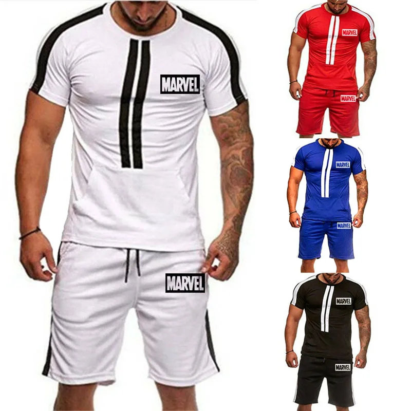 

2019 new Men's 2-piece Fashion Stripe Sportswear Printed Sportswear Summer Short-sleeved T-shirt Leisure Tie Shorts Men's Suit