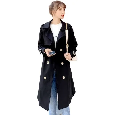 black Autumn winter long Trench coat women Classic Double Breasted Belt Trench Coat Female Plus size High quality Business Outerwear - Цвет: black