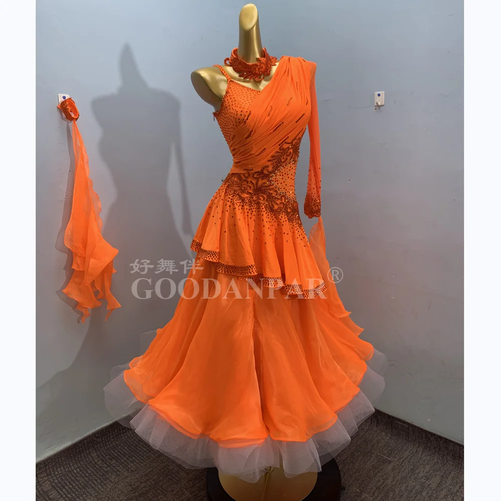 

GOODANPAR New Standard Ballroom Dance Dress Women Girls Competition Costume Lycra Waltz Stage Dance Wear Clothes Orange