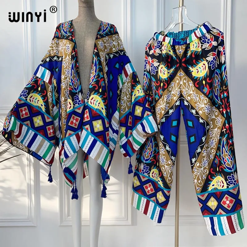 WINYI abito a due pezzi kimono pantaloni a gamba dritta bohemien stampato Over Size Star Dress donna seta elastica lunghezza del pavimento New Fashion