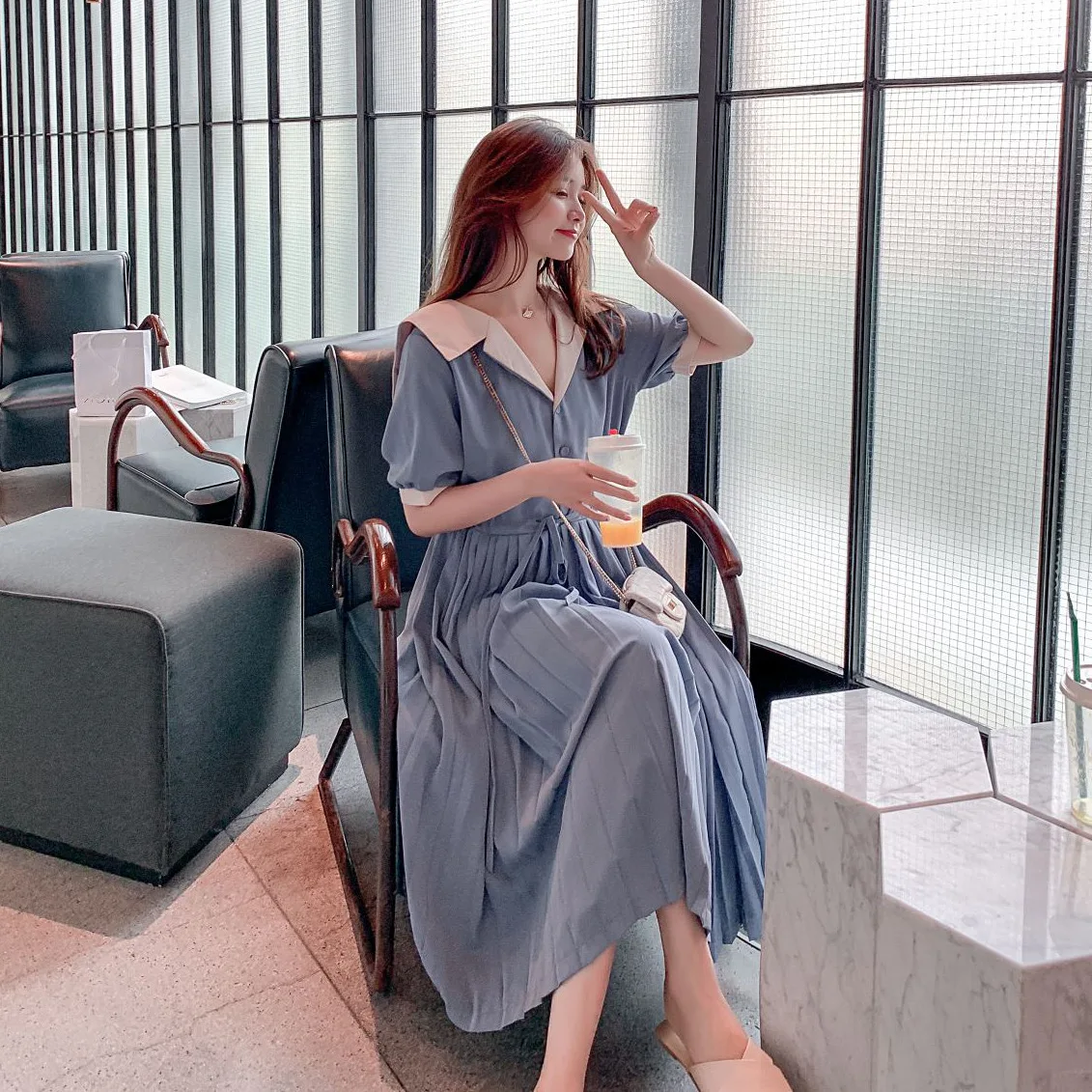 

Photo Shoot CHIC Literature And Art Retro Blue Long Contrast Color Suit Collar Single Breasted Waist Hugging Lace-up by Age Plea