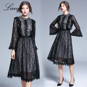 

Women Dress In Autumn The New Style Is Thin Thin and Long and Has The Temperament of Standing Collar Lace Lotus Sleeve Dress