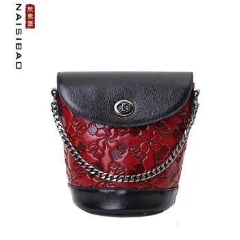 

NAISIBAO New Women Genuine Leather bag real cowhide Embossing bag shoulder crossbody bags for women Bucket bag