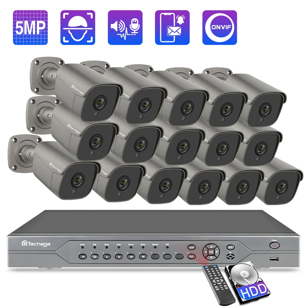 Techage 16CH 5MP 48V POE NVR Security System AI POE IP Camera Two-Way Audio MIC Speaker Onvif CCTV Security Surveillance Kit P2P