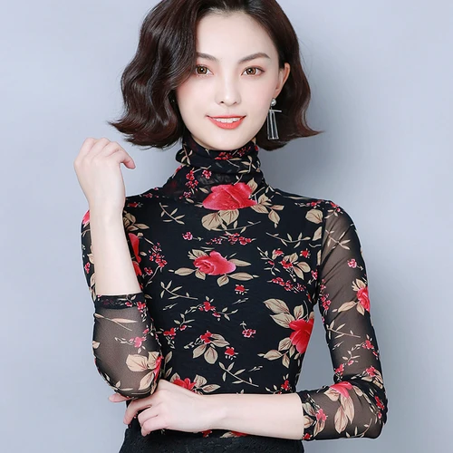 

2019 Autumn New Fashion Popular Style High Collar Printing Women Elegant Temperament Self Improvement Female Bottoming Shirts