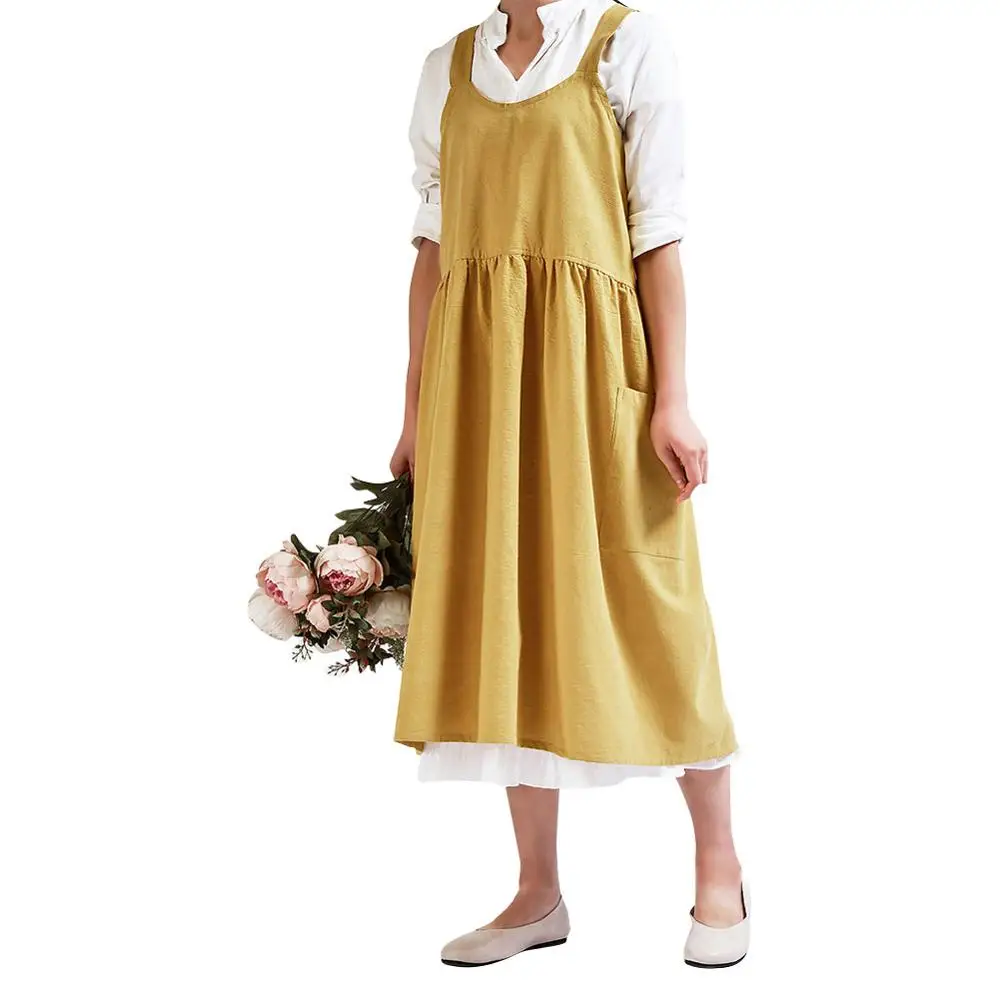 Medieval Washed cotton linen Kitchen Apron For Cooking Baking Flower Shop Ruffles work clean apron for woman uniform lady Dress