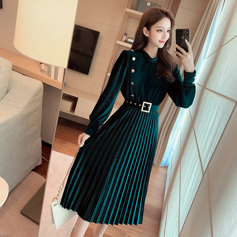 

Spring Autumn Lady Velour Vintage Dresses Women Full Lantern Sleeve O-neck Pleated Dress With Slash For Female