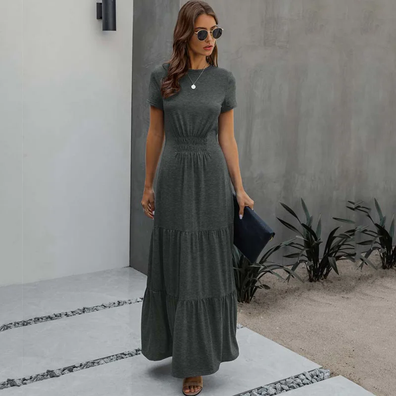 2021 Long Summer Party Dress Women Pleated Elegant Maxi Dress Sundress Women Floor Length Short Sleeve Casual Robe Femme