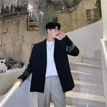

Men Back Slit Metal Tassel Casual Suit Coat Outerwear Male Streetwear Hip Hop Punk Blazer Jacket Overcoat Stage Show Clothes