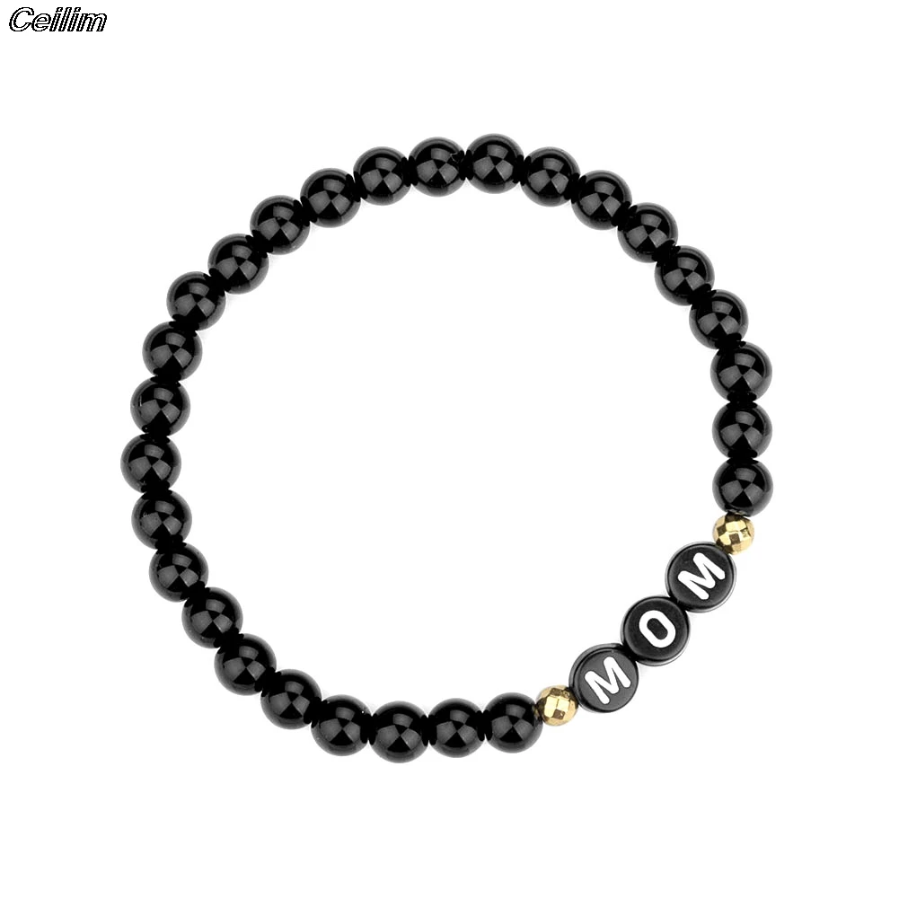 Initial Letter MAMA Black Beads Bracelet MOM Beaded Bangles For Women 2021 Mother's Day Gifts Bracelets Fashion Family Jewelry