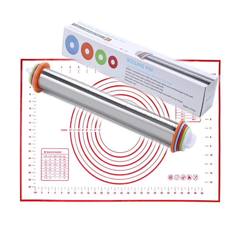 

17inch Adjustable Stainless Steel Rolling Pin With Dough Mat Dough Roller with 4 Removable Adjustable Thickness Rings