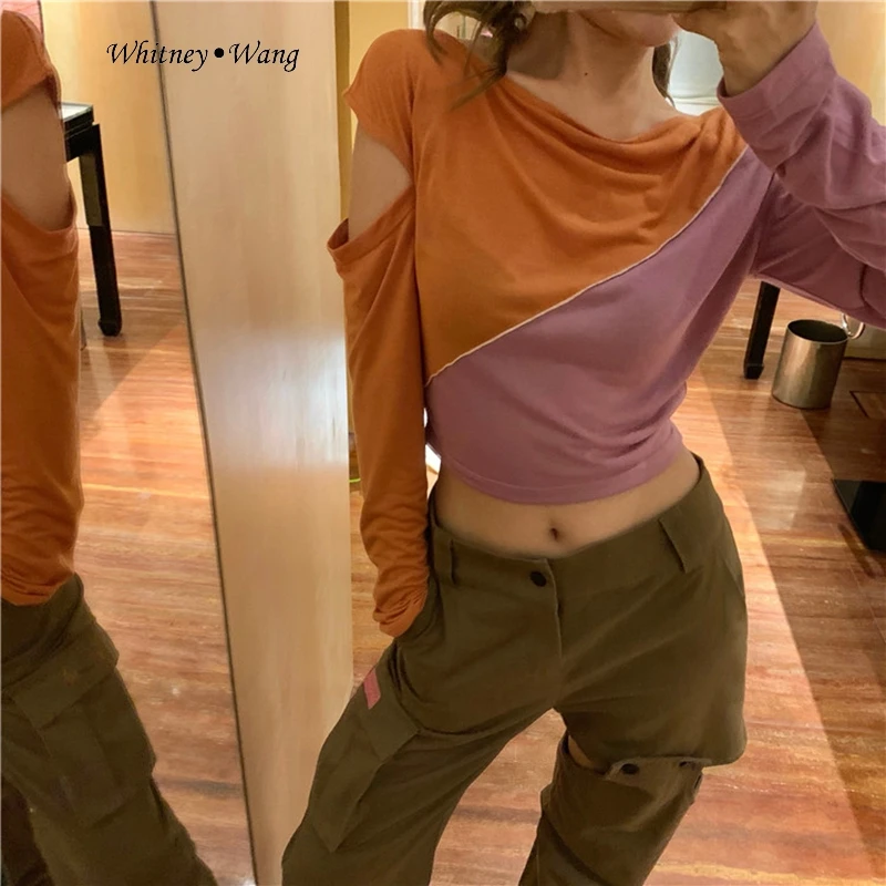 color 1 WHITNEY WANG футболка с длинным рукавом модная уличная цвета контрастная Лоскутная полый тонкий футболка женская футболка Топы - Цвет: color 1