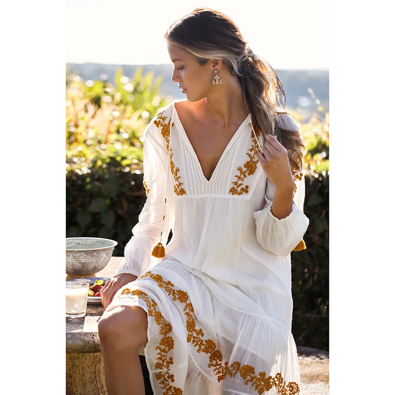 

Loose Floral Embroidery Midi Dress V Neck Long Sleeve Tassel Vintage Vestido Fall Summer Beach Casual Boho Clothes Women Dresses