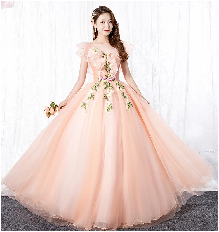 100%real light pink ruffle v neck vine medieval dress Renaissance ball Gown queen Victorian dress /Marie Antoinette/Belle Ball