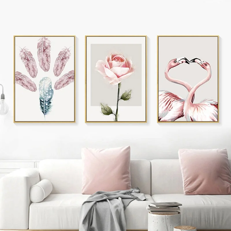 Pink Flamingo Feather Flowers Posters and Prints Wall Art Canvas Painting Nordic Decoration Pictures for Living Room Home Decor | Дом и сад