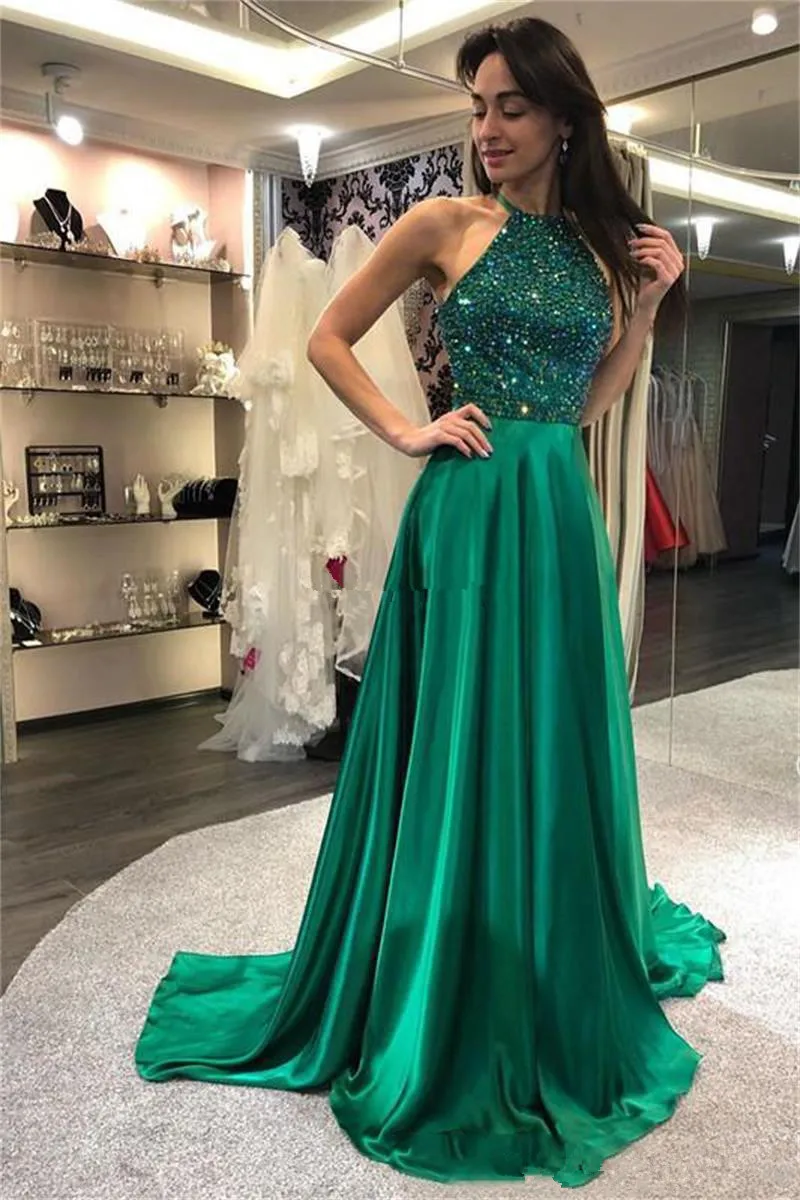 Sparkly Strass Kralen Prom Dresses Lange 2020 Halter A-lijn Green Formele Party Gown Arabische Lovertjes Reflecterende Jurk Plus Sparkly Strass Kralen Prom Dresses Lange 2020 Halter A-lijn Green Formele Party Gown Arabische Lovertjes Reflecterende Jurk Plus