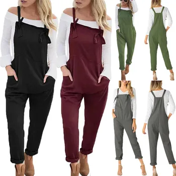 

Fashion Women Pocket Cotton Linen Loose Wide Leg Jumpsuit Overall Long Trousers Pants Strap Solid Loose Causal Jumpsuit 2020 New