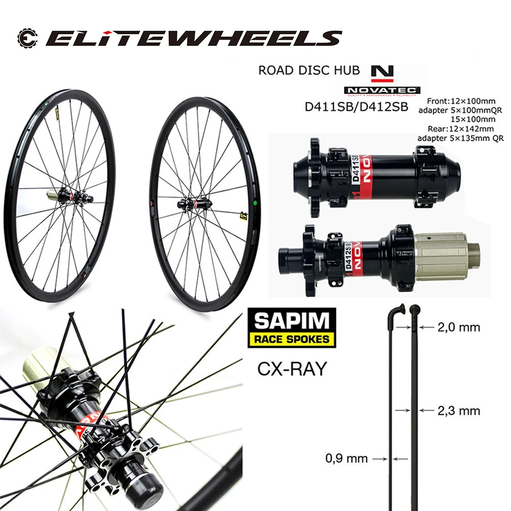 ELITE 700c Road Disc Bicycle Carbon Wheels Novatec D411 6-Bolt OR Center Lock Clincher Tubular Tubeless Road Bike Wheelset