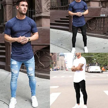 

Men black blue Jeane Pencil Pants Vintage Hole Long Denim Trouser Casual Ripped Jeans Hip hop Streetwear Male Clothing