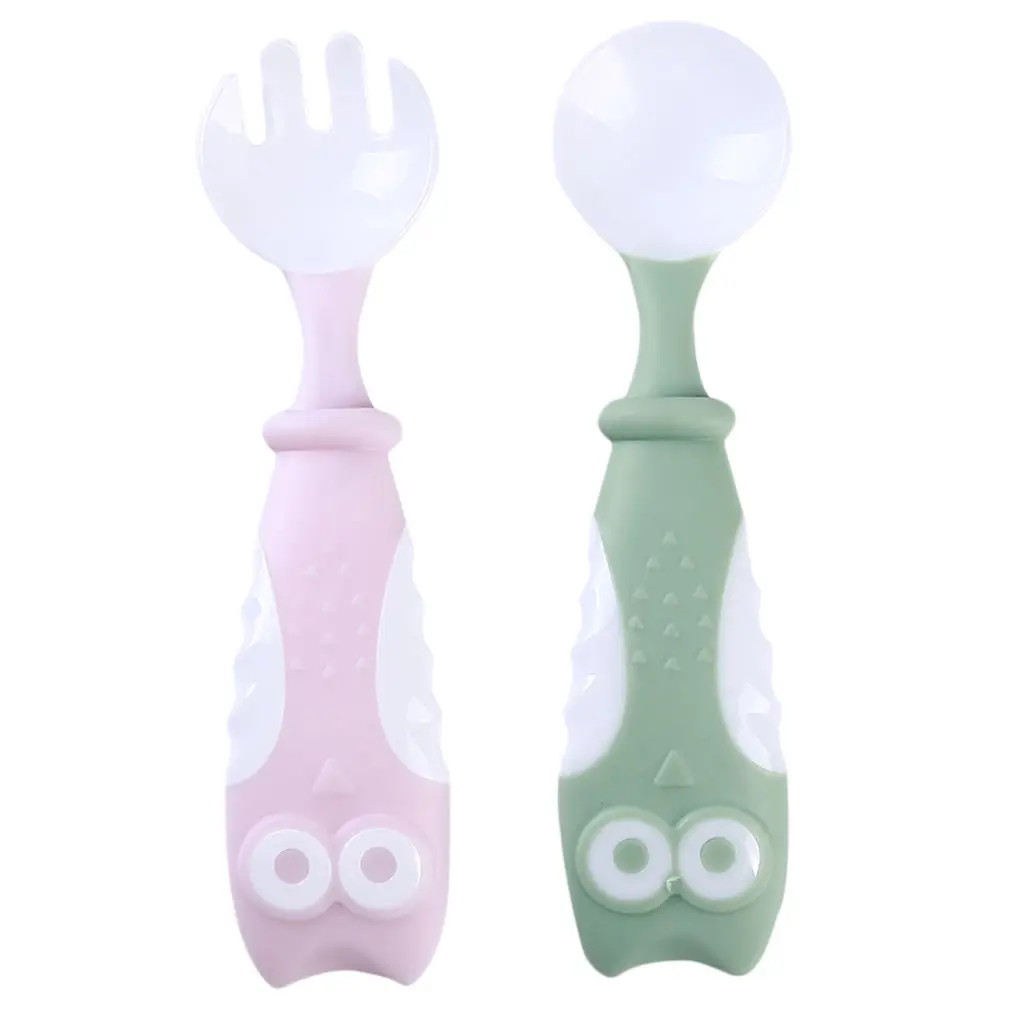 pink greenish 2 шт./набор, детская пластиковая ложка Bebe, обучающая ложка для кормления, посуда с рисунком совы для малышей, портативная обучающая ложка для еды, набор вилок - Цвет: pink greenish