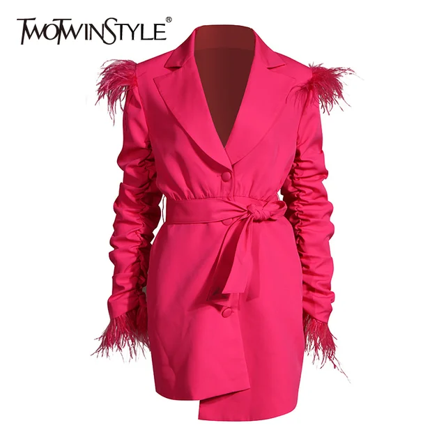 TWOTWINSTYLECasual Ruched Blazer Dress For Women Notched Long Sleeve High Waist Lace Up Bowknot Patchwork Tassel Dresses Female 1