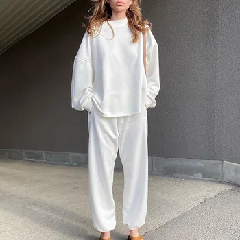 

2020 Autumn Hot Casual Suit Women's Two-Piece Suit Solid Color Loose Long-Sleeved round Neck Sweater + Harlan Trousers