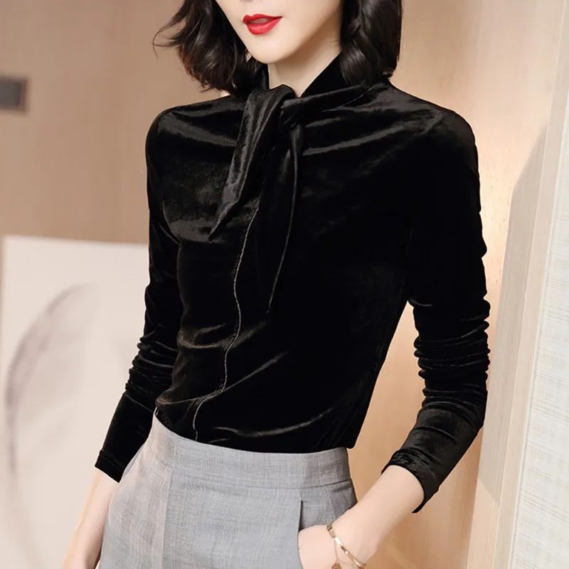 

Women T Shirt Elegant Autumn Winter Warm Gold Velvet Tie High Collar Bottoming Slim Long Sleeve Solid Color Casual T-shirt*