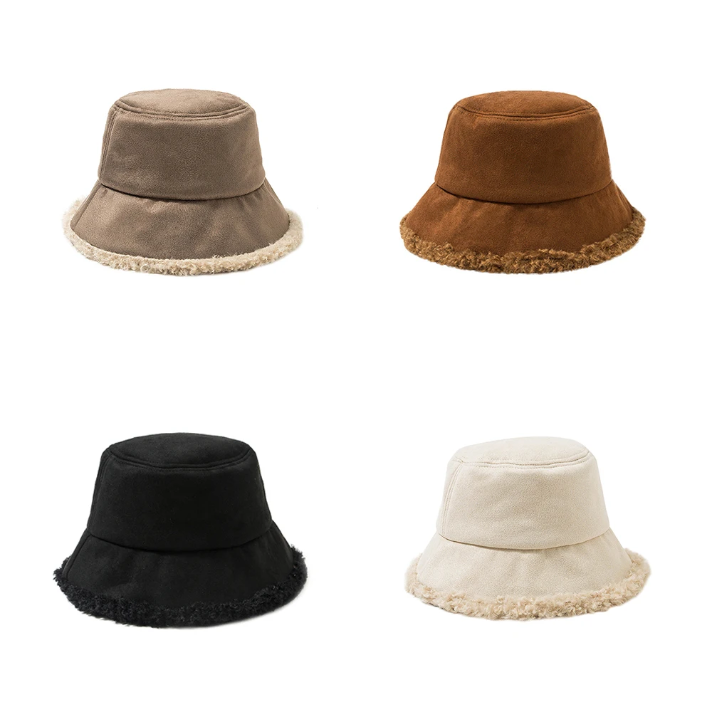Складная теплая шапка для защиты ушей из овечьей шерсти, плюшевая шапка для рыбаков, шапка для путешествий с плоским верхом, утолщенная хлопковая шапка-ведро