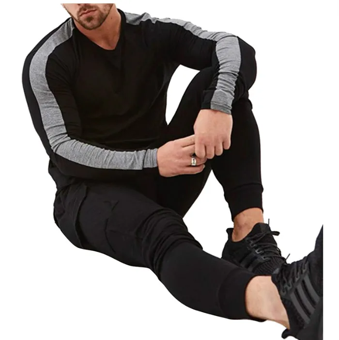Nice Spring New Men Stitching Round Neck long-sleeved T-shirt Men self-cultivation Sports T-shirt Men Clothing Tops