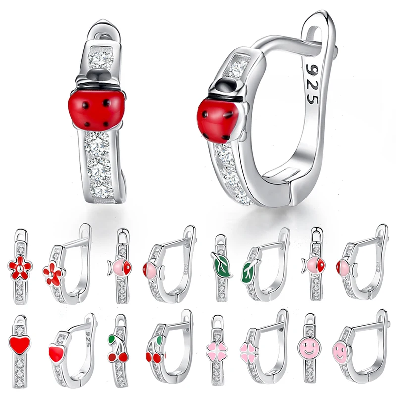 

925 Sterling Silver Stud Earrings Enamel Zircon Fashion Ladybug Flower Heart Cute Earrings For Girls Kids Jewelry Christmas Gift