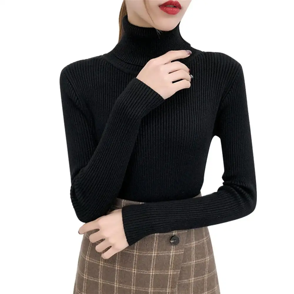Водолазка, свитер на осень и зиму, рабочая одежда, Облегающая рубашка с длинным рукавом, женский топ с воротником, стильная Высокая уличная одежда - Цвет: Черный