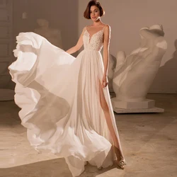 Simple A-Line Wedding Dresses V-Neck Spaghetti Straps Mild Sleeveless Backless Pearls Chiffon Appliques Lace Beading Court Train