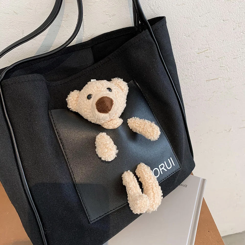 Sac à main en toile pour femmes, fourre-tout à la mode, décor de poupée d'ours, sac à bandoulière mignon, sac à poignée supérieure pour dames filles, Shopping quotidien