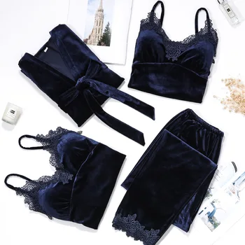 

Lady Bride Bridesmaid Wedding Robe Velvet Kimono Bathrobe Gown Sexy Lace 4PCS Sleep Set Autumn Warm Homewear Sleepwear Nightgown