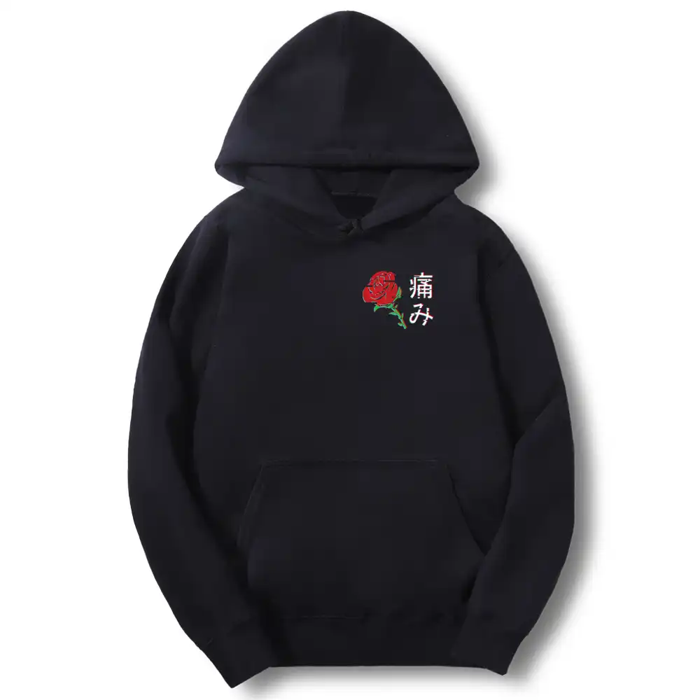 black hoodie with roses on sleeves mens