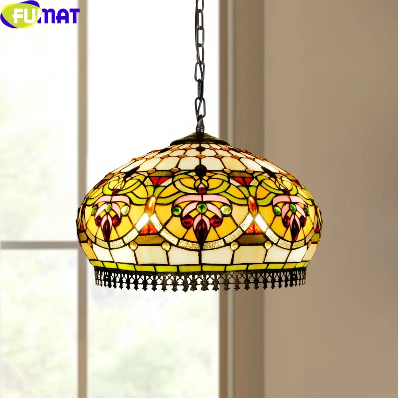 

FUMAT Tiffany Style Anti Chandeliers Ger Pendant Lamp Stained Glass Single Hanging Light Fixture Handcraft Art Home Decorative