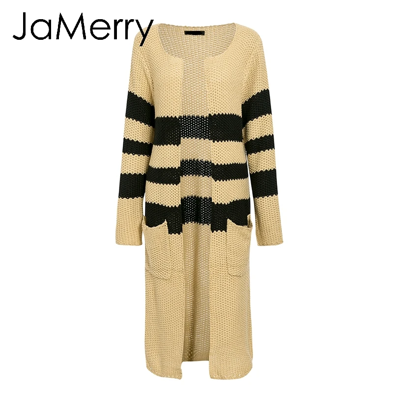 Хаки JaMerry, винтажный полосатый вязаный женский кардиган,, Осень-зима, длинный свитер, Женский Повседневный свободный бежевый кардиган с карманами - Цвет: Хаки