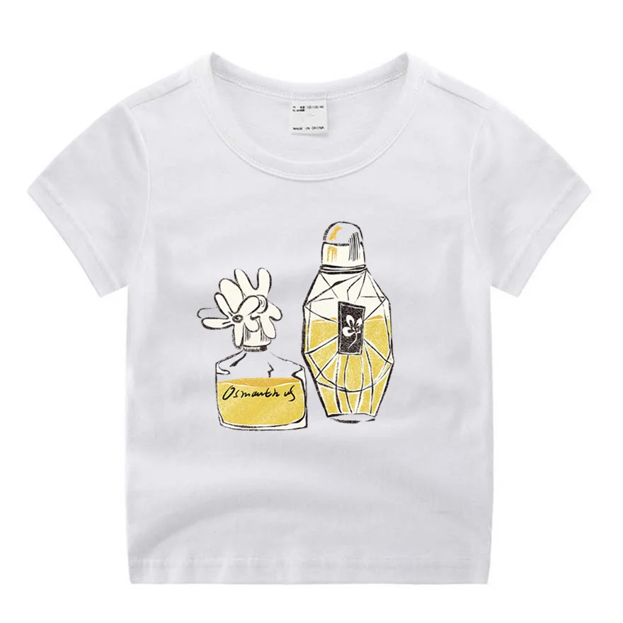 Роскошная модная футболка с забавным принтом в виде цветов и духов для маленьких девочек; детские летние топы с круглым вырезом; футболка для мальчиков и девочек - Цвет: P665-13