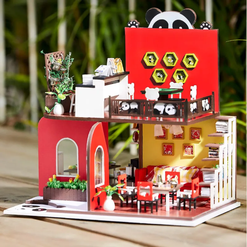 

New Wooden Miniature Dollhouse Modle DIY Cottage Panda New Year Handmade Small House Model Assembled Villa Creative Gift Gift