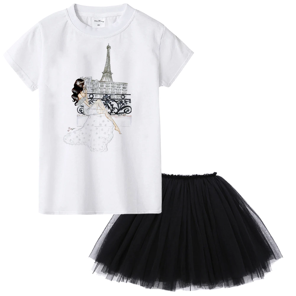 

2Pcs Girls Vogue Paris Printed T-shirt Tops Black Net Skirt Summer Kids Girl Casual Clothing Set Casual Children Fashion Outfit
