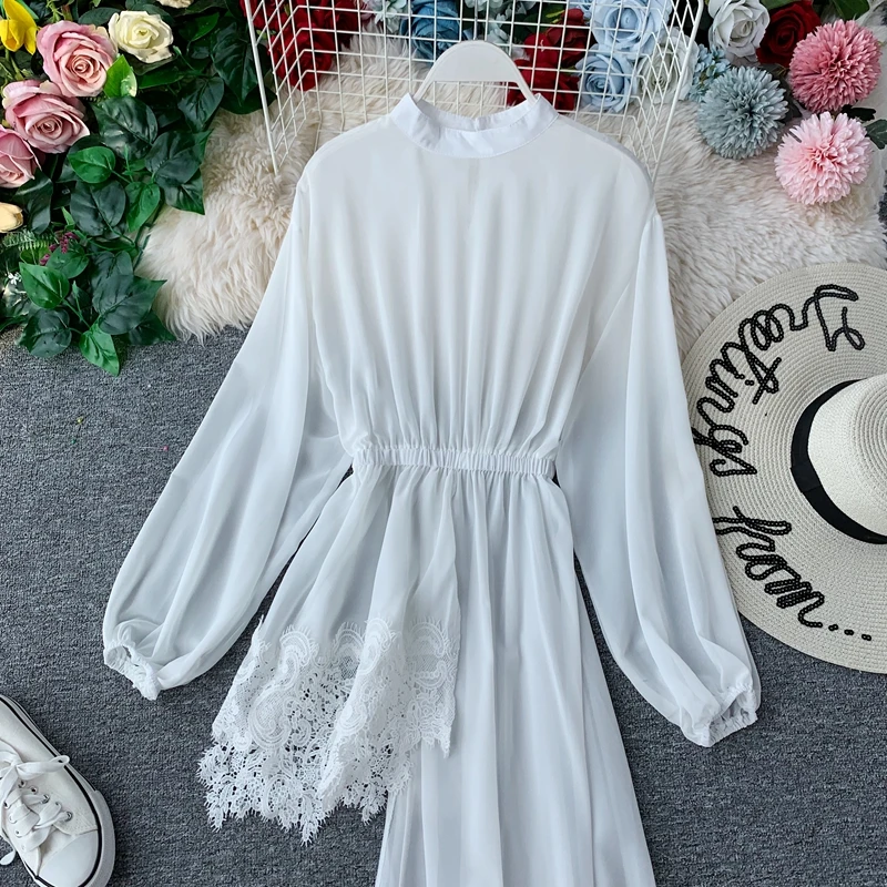 OCEANLOVE Блузки из шифона ассиметричного кроя, с воротником-стойкой и рубашки с рукавами-фонариками осеннее платье в стиле пэчворк в Корейском стиле Blusas Mujer 13068